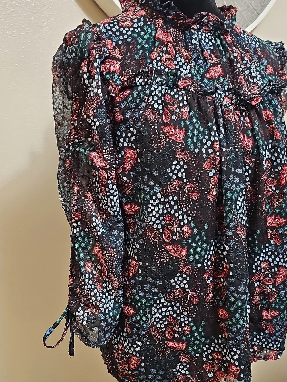 LOFT Black Sheer Floral Ruffle Blouse with Pink & Teal Accents